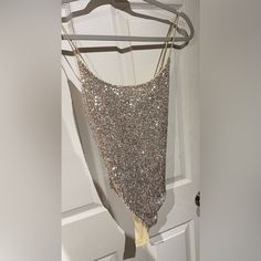 Sexy Sequin Bodysuit By Pinko Never Worn, Tag On Mint Condition Spring Party Backless Bodysuit, Fitted Sleeveless Bodysuit For Party Season, Sleeveless Sequin Bodysuit For Party, Stretch Party Tops With Lined Body, Summer Party Top With Lined Body, Glamorous Summer Bodysuit For Night Out, Lined One-piece Bodysuit For Party, Sleeveless Bodysuit For Party Season And Night Out, Elegant One-piece Top For Party