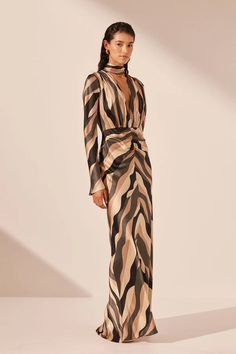 KORI SILK PLUNGED LONG SLEEVE MAXI DRESS | BLACK/MULTI | DRESSES | SHONA JOY – Shona Joy International Luxury V-neck Maxi Dress For Gala, Luxury V-neck Dresses For Fall, Chic Silk Long Sleeve Evening Dress, Spring Luxury V-neck Maxi Dress, Chic Long Sleeve Floor-length Dress For Formal Occasions, Chic Long Sleeve Maxi Dress For Dinner, Glamorous V-neck Maxi Dress For Fall, Luxury Long Sleeve Spring Dress, Glamorous Fall V-neck Maxi Dress