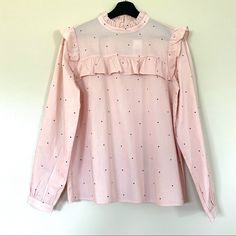 Loft Outlet Yoke Ruffle Top In A Light Pink With Tiny Black Hearts. Long Sleeves With A Victorian Style Neckline. Love The Ruffle Detail Around Shoulders And Chest Area. Keyhole One Button Back Closure. Definitely Can Be Dressed Up Or Down With A Pair Of Jeans. Size Xsmall. Could Fit A Small/Medium As Well Because Of It’s Loose Boxy Cut. Length 25” Bust 20”. New With Tags!! Cute Ruffled Party Blouse, Cute Ruffled Party Tops, Cute Long Sleeve Party Blouse, Cute Pink Ruffled Tops, Casual Pink Top With Ruffled Collar, Chic Pink Top With Ruffled Collar, Chic Pink Blouse With Ruffled Collar, Trendy Pink Ruffled Tops, Pink Feminine Top With Ruffles