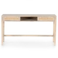 a wooden desk with two drawers on one side and an open drawer on the other