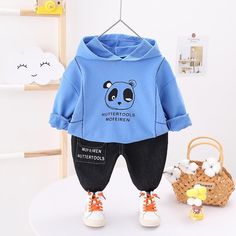 2-piece Panda Pattern Hoodie & Pants for Children Boy - PrettyKid Light Blue Cotton Long Sleeve Sets, Cotton Sets For Playtime In Fall, Hooded Cotton Sets For Spring, Spring Cotton Hooded Set, Blue Hooded Sets For Spring, Blue Hooded Spring Sets, Hooded Cotton Sets For Winter, Cotton Hooded Winter Sets, Winter Cotton Hooded Sets