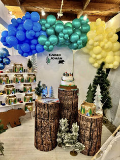 balloons and trees are on display at the camp kitchen event in an indoor setting with decorations