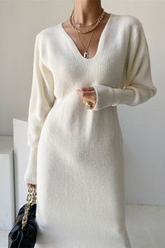 Office V-neck Long Sleeves Knitted Dress– ShoptheCIC