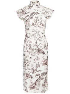 white/dark red mulberry silk all-over graphic print side slit mock neck off-centre front button fastening short sleeves fitted waistline mid-length straight hem Shanghai Tang, Silk Wrap Dresses, Qipao Dress, City Dress, Silk Print Dress, Silk Midi Dress, Cotton Midi Dress, Silk Wrap, Pink Maxi Dress