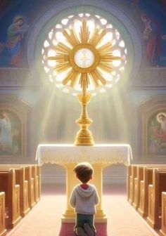 a little boy sitting in front of a church alter