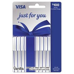 a blue and white gift card with a ribbon on it's side, which reads visa just for you