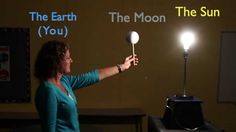 a woman standing in front of a projector screen holding a light up to the moon