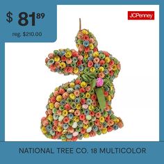 Capture the essence of the Easter season with National Tree Company's Artificial Hanging Bunny Silhouette. This artificial hanging bunny silhouette is decorated with colorful flowers made from thinly cut wood curls, pastel eggs tucked between the blooms and a silky green ribbon tied around the neck. Hang this delightful decoration on a door, wall, window or mantle indoors to add a fun and natural flair to any Easter-themed decorative arrangement. Handcrafted with sturdy, durable materials, this… Bunny Silhouette, Floral Christmas, Wall Window, Easter Season, Christmas Figurines, Green Ribbon, Christmas Floral, Door Wall, Flower Making