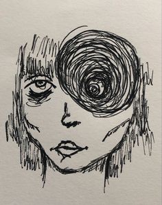 a black and white drawing of a woman's face with an eyeball in the center