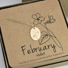 Birth Flower necklace with Violet Design for February birth month. This hand-drawn design on sterling silver keepsake jewelry is simple enough for everyday wear. This custom necklace is a perfect gift for Grandma, Mom or Daughter on her Birthday, for Christmas or Mother's Day. *Charm: 13mm by 18mm *Chain Selection: 16-24 inch *Handcrafted from sheet metal with secure connections *Satin Finish .925 Sterling Silver, 14/20 Rose Gold Filled or 14/20 Yellow Gold Filled *Boxed in simple Kraft cotton f Valentine's Day Birth Flower Charm Necklace, Valentine's Day Birth Flower Charm Necklace Gift, Valentine's Day Gift Birth Flower Charm Necklace, Mother's Day Gift Charm Necklace With Pressed Flowers, Dainty Birth Flower Charm Necklace Gift, Sterling Silver Birth Flower Charm Necklace For Birthday, Minimalist Birth Flower Charm Necklace For Birthday, Minimalist Birth Flower Charm Necklace For Birthday Gift, Mother's Day Birthday Birth Flower Charm Necklace