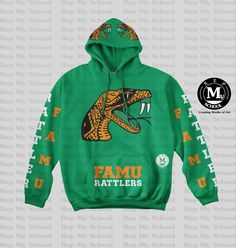 That's Fire Series HBUC Collection DESIGN: FAMU All Over Hoodie Design Vinyl. This Hood comes in a unisex Green Gildan style. *Shipping: Each item is made to order unless extra inventory is on hand and takes 7 business days to process and create. It then takes 4-8 business days for shipping. We work diligently to get your order out as soon as possible and will always ensure your items are out in a timely manner. *Returns/Exchanges: Due to the nature of our shirts we do not accept returns or exch Famu Tshirts, Collegiate Winter T-shirt For Streetwear, Fall Fan Gear Hoodie With Graphic Print, Fall Graphic Print Hoodie For Fan Gear, Fall Team Spirit T-shirt For Streetwear, Winter College T-shirt With Screen Print, Winter College Tops With Team Logo, Winter College Top With Team Logo, Collegiate Green Hoodie For Streetwear