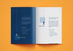 an open brochure with blue and orange colors