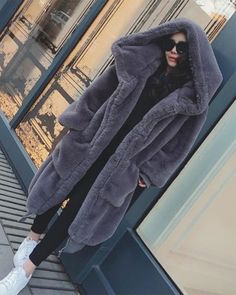 OSLO Grey Oversized Faux Fur Coat - ALLARA Hood Clothes, Winter Faux Fur Coat, Oversized Faux Fur Coat, Rabbit Fur Jacket, Sheep Shearing, Womens Faux Fur Coat, Long Faux Fur Coat, Faux Fur Material, Long Overcoat