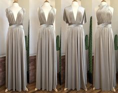 three different views of a dress on mannequins, one in grey and the other in silver