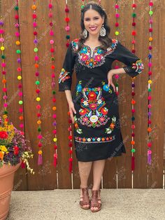 -This Beautiful Long Mexican Colorful Floral Dress is the perfect dress for a fun night out or a special event. -It is full of multicolor embroidered flowers and has some crocheted details. -This dress has ties on the back in order to adjust the fit. - You can purchase the dress either with or without the belt. The accesories shown with this dress may purchased as well and Can be found here: Earrings: https://www.etsy.com/es/listing/872372628/filigrana-clasica-de-gota-arete-mexicano?ref=listings Long Sleeve Dresses With Multicolor Embroidery For Party, Traditional Spring Party Dresses, Traditional Spring Party Embroidered Dress, Traditional Spring Embroidered Party Dress, Traditional Embroidered Dress For Spring Party, Spring Festive Dress With Embroidered Hem, Spring Festive Dress With Multicolor Embroidery, Festive Multicolor Embroidered Dress For Spring, Traditional Black Fiesta Dress