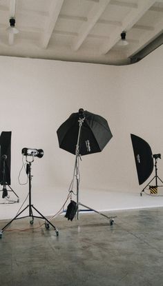 three umbrellas are set up in front of two camera's on the floor