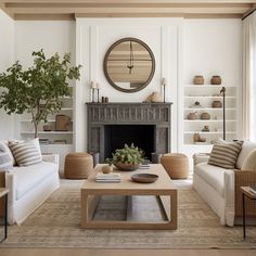 a living room filled with furniture and a fire place in front of a clock on the wall