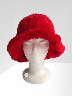 Faux Fur Handmade Crochet Hat, Red Winter Hat,  Fur Beret with a Bow, Plush Bucket Hat, Bucket Hat for Ladies, Knitted Hat, Gift her Get ready for the colder months with our chic and bold bucket hat. It's crafted from faux fur fluffy yarn. ⦿ Lightweight and durable ⦿ Fluffy design ⦿ Soft top and brim Fashion bucket hat is made of faux fur plush  yarn. Soft and very comfortable It's lightweight and foldable for easy storage or for taking on the go while traveling This hat is suitable for all seas Adjustable Red Hats For Holiday, Adjustable Red Hat For Holiday, Red Adjustable Christmas Hat, Adjustable Red Christmas Hat, Red Brimmed Costume Hat One Size, Warm Red Winter Hat, Red Winter Party Hat, Casual Red Brimmed Mini Hats, Red Christmas Cap