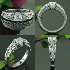 three different views of an engagement ring with diamonds and emeralds on the sides, from top to bottom