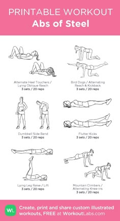 the printable workout poster shows how to do an abs of steel, including exercises for