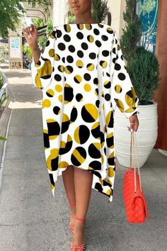 White Oversized Printed Dress, Long Sleeve Printed Midi Dress, Long Sleeve Printed Shift Midi Dress, Oversized Knee-length Dress For Day Out, Shift Midi Dress With Long Sleeves For Day Out, Oversized Mini Dress For Day Out, Yellow Printed Fall Dress, Yellow Printed Long Sleeve Midi Dress, Long Sleeve Printed Yellow Midi Dress