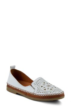 Tiny cutouts and stitched details decorate a versatile flat with a loafer-inspired topline. Cushioned footbed Leather upper and lining/rubber sole Imported Women's Shoes White Leather Slip-ons With Leather Footbed, White Slip-on Loafers With Perforated Toe Box, White Slip-on Flats With Removable Insole, Spring Leather Moccasins With Perforated Toe Box, White Closed Toe Flats With Perforated Toe Box, White Flat Leather Shoes With Stitched Sole, White Leather Slip-on Flats, Spring Slip-on Loafers With Perforated Toe Box, White Slip-on Flats With Perforated Toe Box