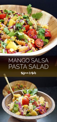 two pictures show different types of pasta salads