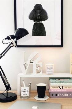 a black poodle sitting on top of a desk next to a lamp and books