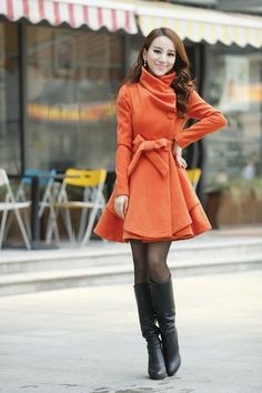 Long Woollen Coat Lapels Han Edition Orange sold by Outletpad on Storenvy Chic Fitted Orange Outerwear, Fitted Orange Long Sleeve Outerwear, Elegant Orange Winter Outerwear, Boots Mode, Gown Ideas, Womens Dress Coats, Woolen Coat, Coat Dress, Christmas Birthday