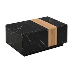 a black marble coffee table with a wooden stripe on the top and bottom part in natural wood