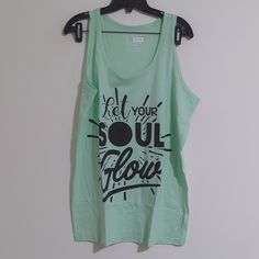 Izzy & Liv "Let Your Soul Glow" Tank Size Large Green Tank Top For Spring Streetwear, Green Tank Top For Streetwear In Spring, Spring Green Tank Top For Streetwear, Trendy Green Tank Top For Streetwear, Casual Cotton Glow In The Dark Tops, Casual Cotton Top With Glow In The Dark Details, Casual Glow In The Dark Tops For Streetwear, Green Workout T-shirt For Spring, Cotton Glow In The Dark Tops For Streetwear