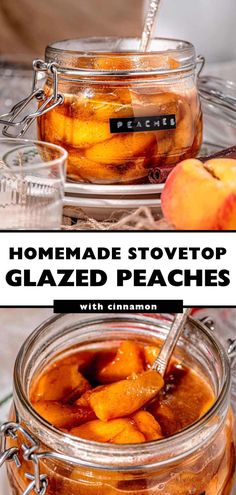 homemade stovetop glazed peaches in glass jars with spoons on top