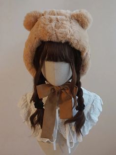 Light Brown Little Bear Ears Design Self-tie Straps Plush Hat Bear Themed Outfit, Kawaii Bear Outfit, Teddy Bear Outfit Aesthetic, Cute Bear Outfits, Bear Outfit Aesthetic, Cute Bear Costume, Crochet Bear Ears, Teddy Aesthetic, Teddy Bear Aesthetic