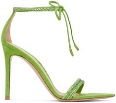 Suede heeled sandals in green. Crystal-cut detailing throughout. · Open pointed toe · Ankle strap with self-tie fastening · Gold-tone logo stamp at padded leather footbed · Covered stiletto heel with rubber injection · Leather sole · Heel: H4 in Supplier color: Kiwi | Gianvito Rossi Green Montecarlo Heeled Sandals Green Formal Sandals With Single Toe Strap, Green Sandals With Wrapped Heel And Single Toe Strap, Luxury Green Sandals With Single Toe Strap, Green Heels With Heel Strap And Single Toe Strap, Green Leather Heels With Single Toe Strap, Designer Green Sandals With Single Toe Strap, Green Formal Heels With Single Toe Strap, Chic Green Lace-up Sandals For Party, Luxury Green Sandals With Wrapped Heel