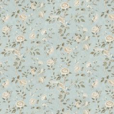 a blue wallpaper with flowers and birds on it