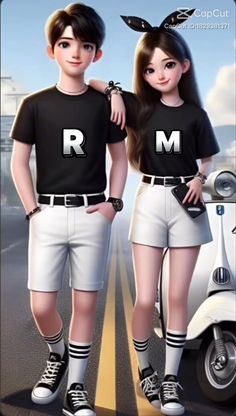 two people standing next to each other in front of a car with the letters r and m on them