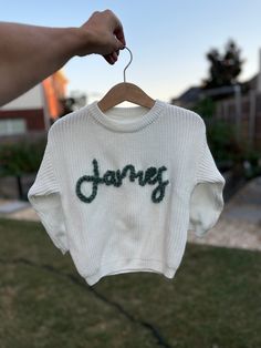 Hand embroidered Crochet Name Sweater, Embroidered Name Sweater, Crochet Name, Hand Embroidered Sweater, Hand Embroidered Name, Baby Jumpers, Knitting Things, Name Sweater, Lil Sis