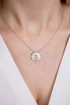 "ABOUT PRODUCT This 14K Gold Daisy necklace is beautifully designed and hand crafted with our associates to make this a special gift for your loved ones. Knowing the value of our customers, We prepare each piece with extra care and attention. ITEM DETAILS Material: 14K Gold Approx: 2.40 gram Available colors: Gold, Rose Gold, White Gold Available Sizes: 14\" to 20\" ✪ 14k Solid Gold ( Certification will be included with your order ) ✪Available 14K White, Yellow, Rose Gold (also in 10, 18K) 🛠 Ya Delicate Diamond Flower Pendant Jewelry, Diamond Necklace With Single Cut Flower-shaped Diamonds, Delicate Flower-shaped Jewelry With Diamond Accents, Delicate Flower Shaped Jewelry With Diamond Accents, Diamond Flower Pendant Jewelry Gift, Diamond Flower-shaped Necklace With Diamond Accents, Diamond Necklace With Flower Shape And Diamond Accents, Dainty Diamond Flower Shaped Jewelry, Flower Shaped Necklace With Single Cut Diamonds For Gift