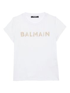 chalk white cotton jersey texture logo embellishment gold-tone stud detailing crew neck short sleeves straight hem Mc Logo, Balmain Blazer, Kenzo Kids, Kids Logo, Stella Mccartney Kids, T-shirt Polos, Couture Collection, White Shop, Boys T Shirts