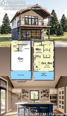 two story house plan with garage and living room in the middle, kitchen area on the second floor