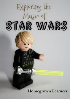 a lego star wars character holding a yellow light saber with the words, exploring the music of star wars