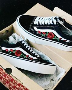 pinterest | bellaxlovee ✧☾ Rose Vans, Vans Vintage, Embroidery Shoes, Shoes Diy, Embroidered Shoes, Custom Vans, Unisex Shoes