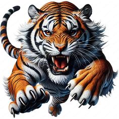 an image of a tiger with its mouth open and claws extended out to the side