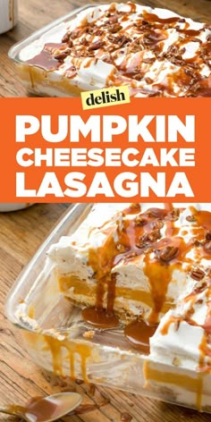 pumpkin cheesecake lasagna with caramel drizzle on top