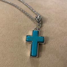 Silver 18” Chain, Extension Chain, Semiprecious Stone Cross Pendant 1.25” X 1” Wide Turquoise Spiritual Turquoise Necklace With Lobster Clasp, Spiritual Turquoise Necklace With Cross Pendant Gift, Spiritual Turquoise Cross Pendant Necklace Gift, Turquoise Cross Pendant Necklace For Gift, Blue Turquoise Necklace With Adjustable Chain For Gift, Spiritual Blue Cross Pendant Necklace, Turquoise Cross Pendant Necklace As Gift, Blue Turquoise Pendant Necklace With Lobster Clasp, Cork Necklace