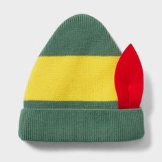 a green, yellow and red striped beanie with a red pom - pom