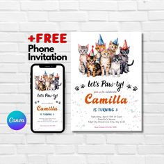 an image of a cat birthday party with cats on the phone and a free printable poster