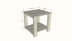 a wooden table with measurements for the top and bottom shelf, including two shelves on each side