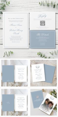 the wedding stationery is shown in blue and white