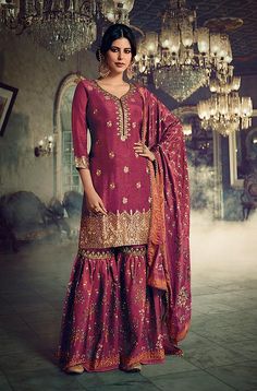 Magenta Designer Embroidered Silk Wedding Gharara Suit-Saira's Boutique Wedding Gharara, Pink Sharara Suit, Pink Sharara, Gharara Suits, Sharara Suit, Silk Bottoms, Indian Dress, Silk Wedding, Salwar Suit